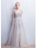 Beaded Lace Tulle V Back Long Evening Dress